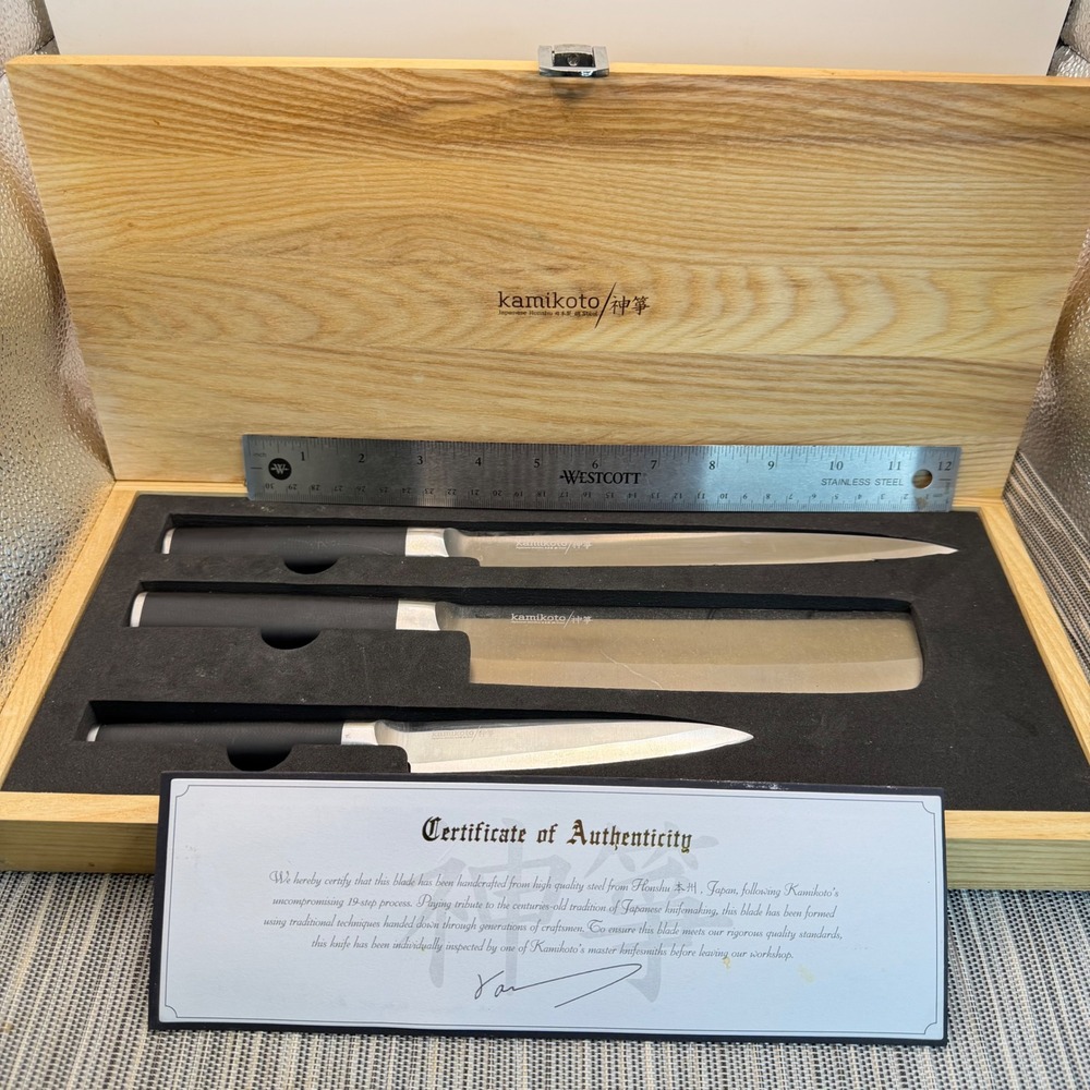 Kamikoto Kanpeki Knife Set 3pc Japanese Honshu Steel Kiritsuke Nakiri Petty Wood